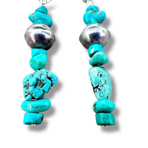 Turquoise Sterling Silver Bench Bead Nugget Stack Southwest 925 Dangle Earrings - Picture 2 of 4